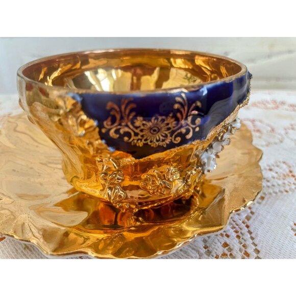 Antique German Porcelain Teacup Saucer Heavy Gold Cobalt Blue 3D Flower - Picture 3 of 16